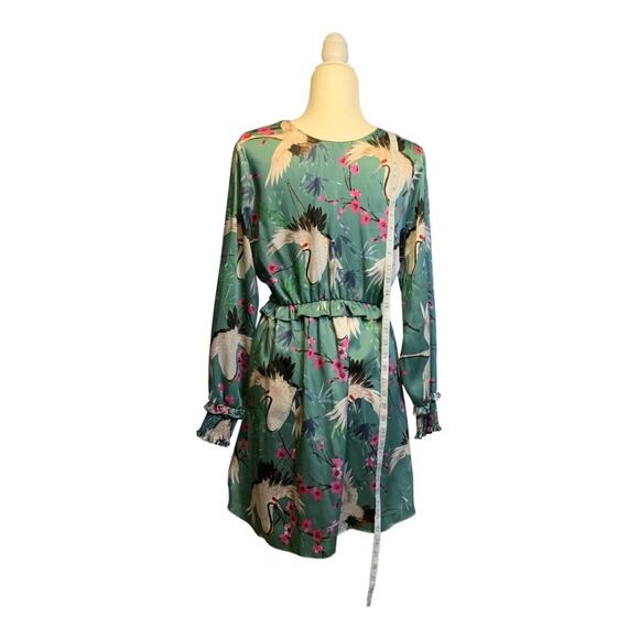 Zara Green Silky Cherry Blossom Heron Crane Dress Size Large U0416 - Picture 3 of 8